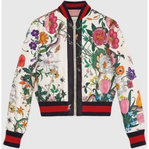 Womens Multicolor Floral Varsity Bomber Jacket