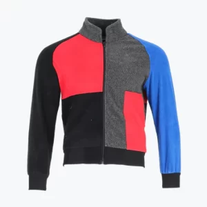 Black Red Blue Grey Combination Fleece Bomber Jacket