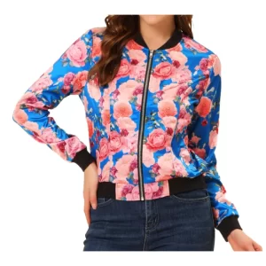 Blue Pink Rose Floral Bomber Jacket