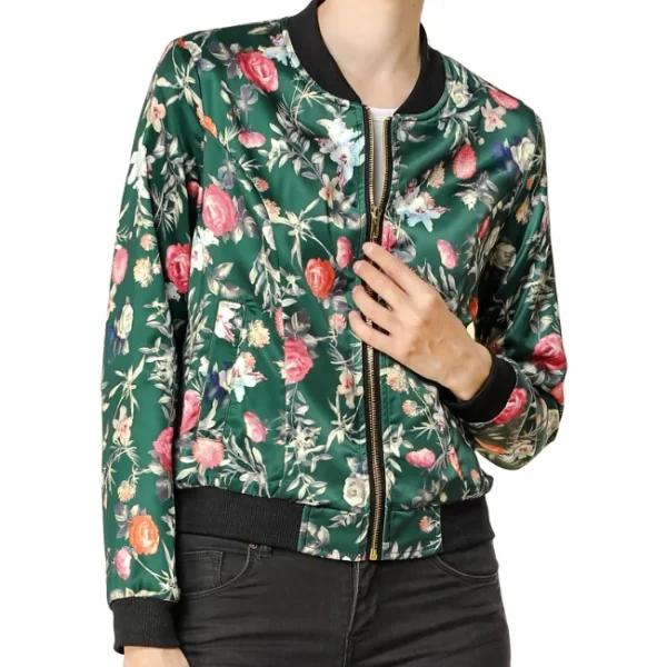 Green Pink Grey Floral Bomber Jacket