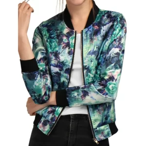 Green Purple All Over Printed Floral Bomber Jacket