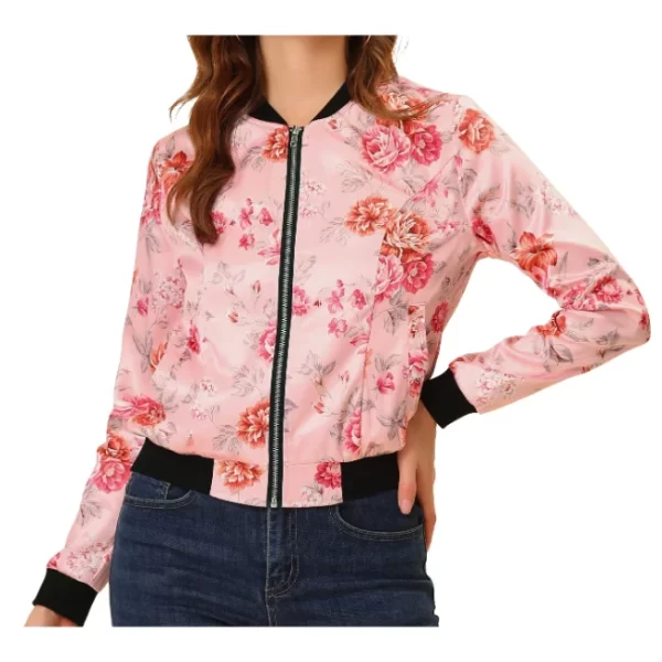 Light Pink Flowers Printed Floral Bomber Jacket