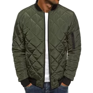Mens Green Diamond Quilted Bomber Jacket