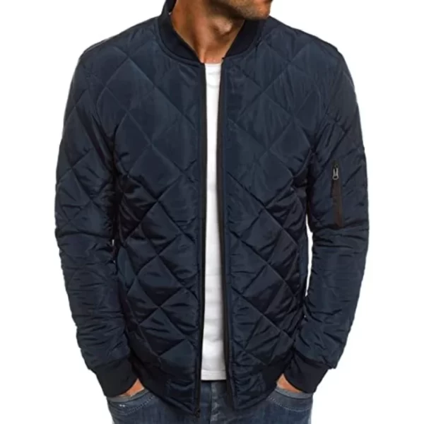 Mens Navy Blue Diamond Quilted Bomber Jacket
