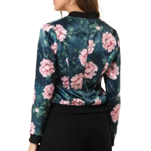 Navy Green Pink Flowers Floral Bomber Jacket