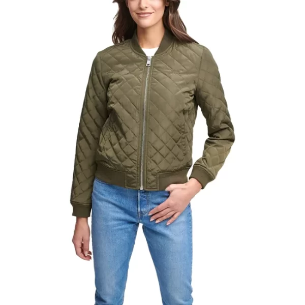 Womens Army Green Diamond Quilted Bomber Jacket