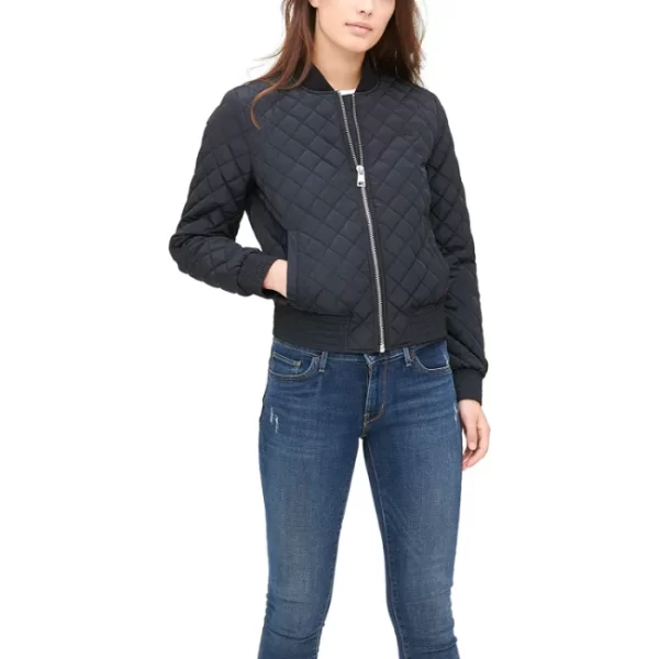 Womens Black Diamond Quilted Bomber Jacket