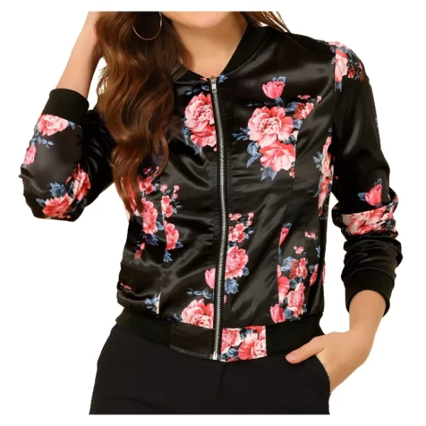 Womens Black Pink Floral Bomber Jacket