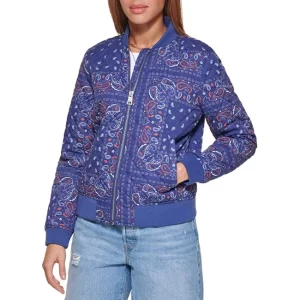 Womens Blue Paisley Quilted Bomber Jacket