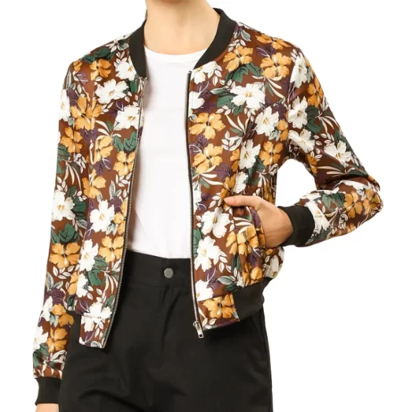 Womens Brown White Green Floral Bomber Jacket