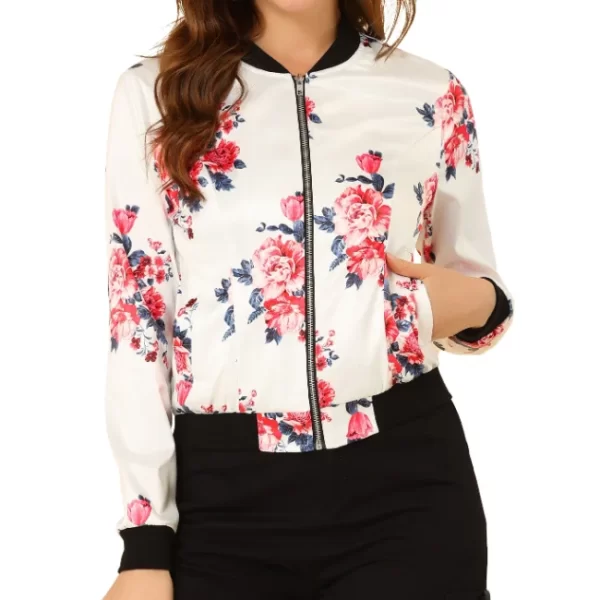 Womens Cream Navy Red Floral Bomber Jacket