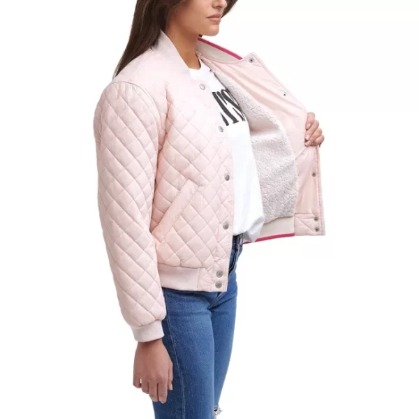 Womens Light Pink Peach Blush Sherpa Lined Quilted Bomber Jacket