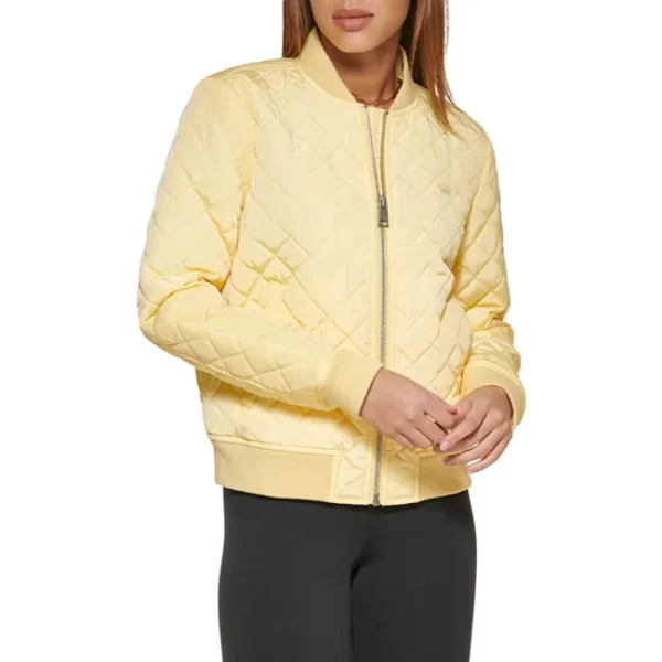 Womens Light Yellow Popcorn Quilted Bomber Jacket
