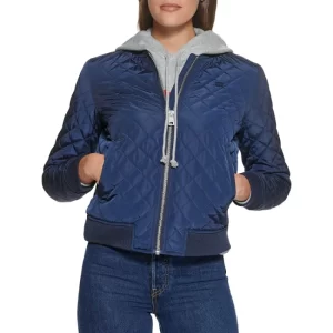 Womens Navy Blue Diamond Quilted Bomber Jacket