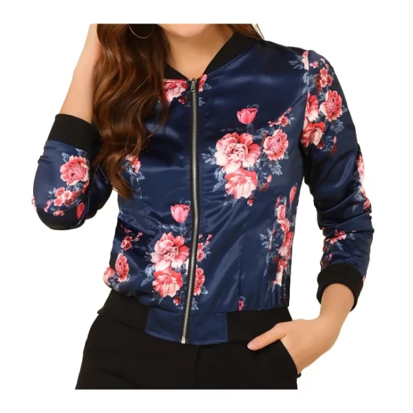 Womens Navy Blue Red Floral Bomber Jacket