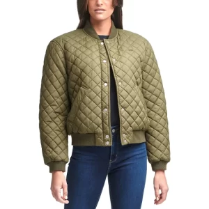 Womens Olive Sherpa Lined Quilted Bomber Jacket