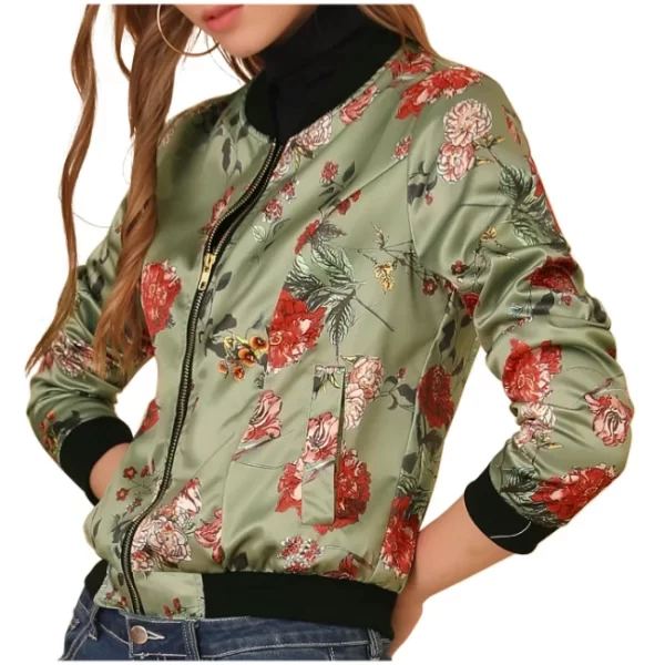 Womens Olive Green Red Flowers Floral Bomber Jacket