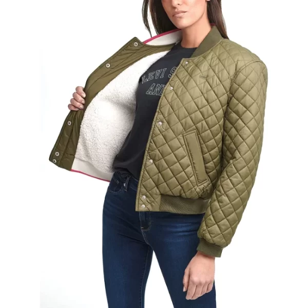 Womens Olive Sherpa Lined Diamond Quilted Bomber Jacket