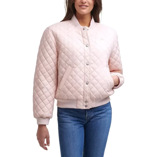 Womens Pink Sherpa Lined Diamond Quilted Bomber Jacket