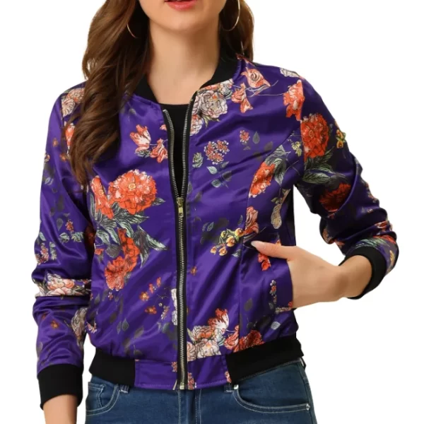 Womens Purple Red Green Floral Bomber Jacket