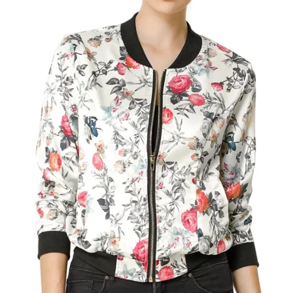 Womens White Red Grey Floral Bomber Jacket