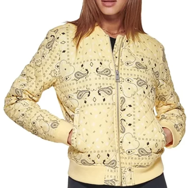 Womens Yellow Paisley Quilted Bomber Jacket