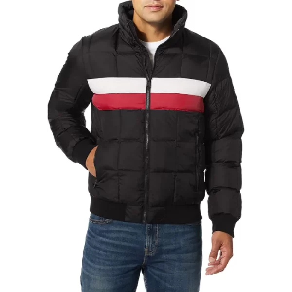 Black Colorblock Quilted Puffer Bomber Jacket