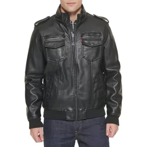 Black Four Pockets Leather Bomber Jacket