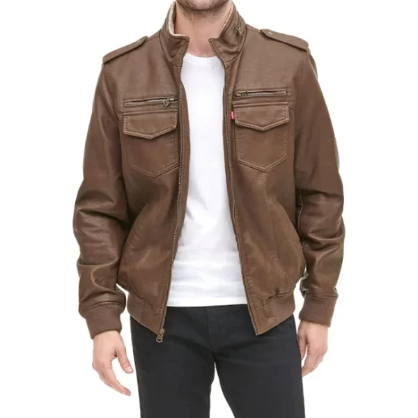 Brown Four Pockets Leather Trucker Bomber Jacket