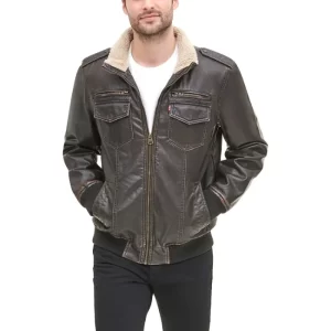 Coffee Four Pockets Leather Bomber Jacket