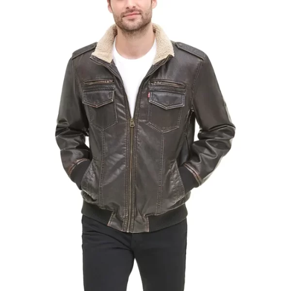 Coffee Brown Four Pockets Leather Trucker Bomber Jacket