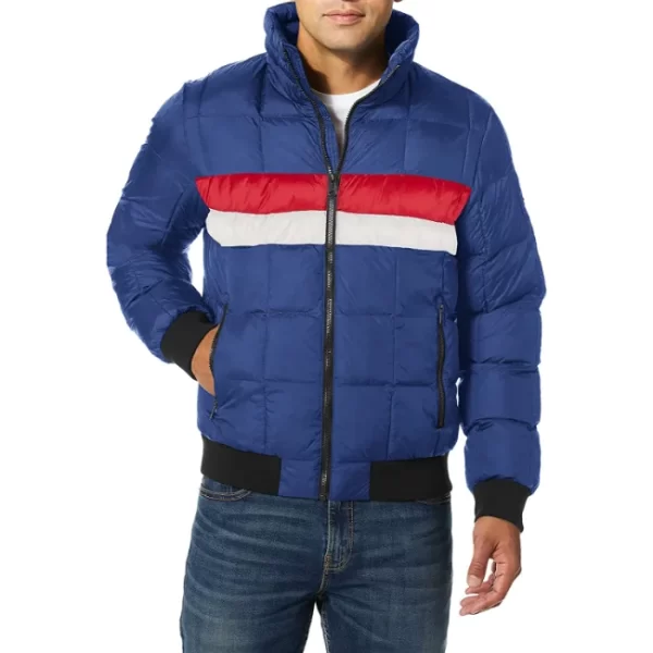 Deep Blue Colorblock Quilted Puffer Bomber Jacket
