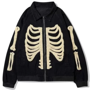 Rib Cage Skeleton Black Denim Bones Varsity Jacket