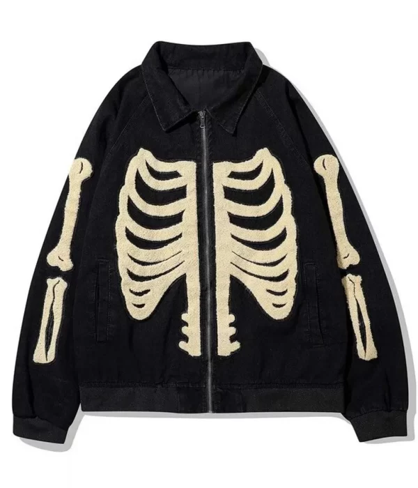 Human Rib Cage Black Skeleton Denim Bones Varsity Jacket