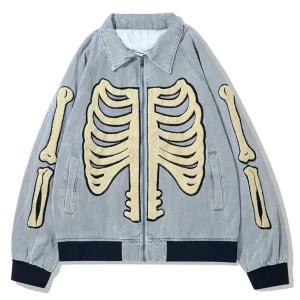 Rib Cage Skeleton Blue Denim Bones Varsity Jacket