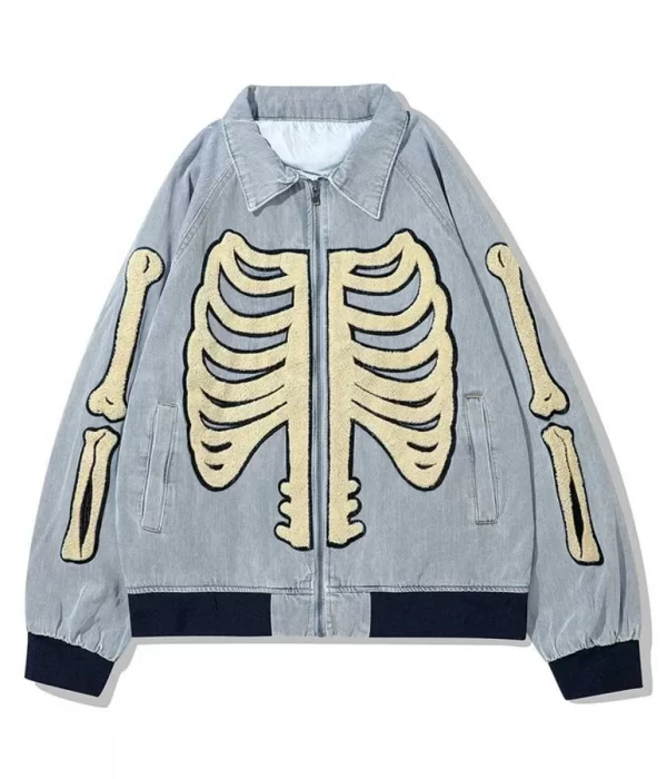 Human Rib Cage Blue Skeleton Denim Bones Varsity Jacket