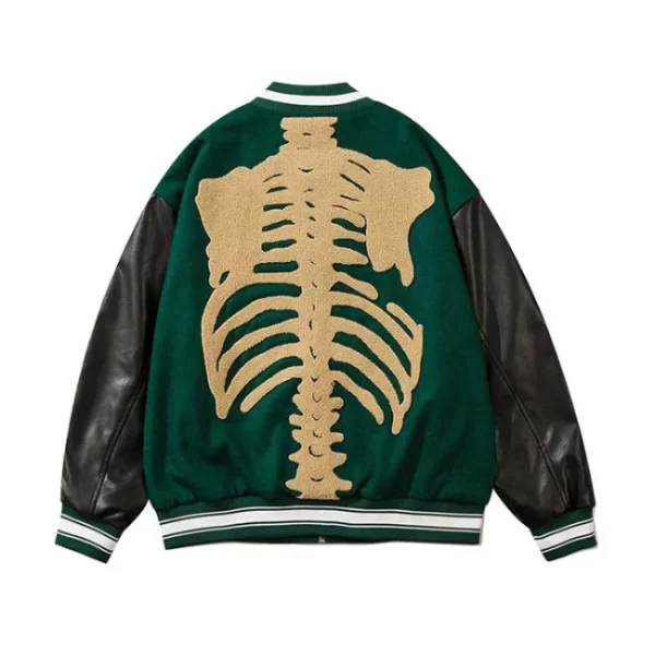 Human Rib Cage Green Black Patchwork Skeleton Furry Bones Varsity Jacket