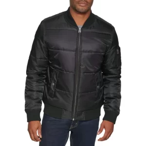 Mens Black Quilted Puffer Bomber Jacket