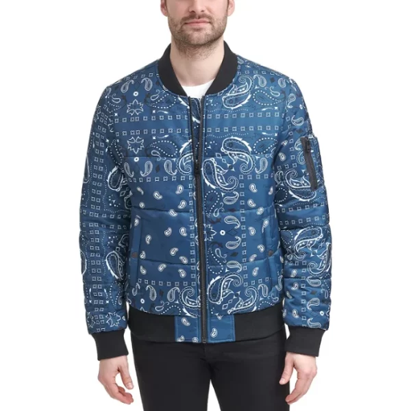 Mens Blue Bandana Quilted Puffer Bomber Jacket