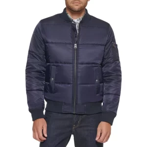 Mens Navy Quilted Puffer Bomber Jacket