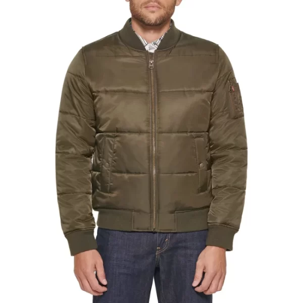 Mens Olive Green Quilted Puffer Bomber Jacket
