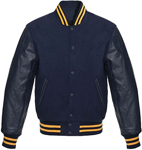 Navy Gold Strips Black Letterman Varsity Jacket with Leather Sleeves