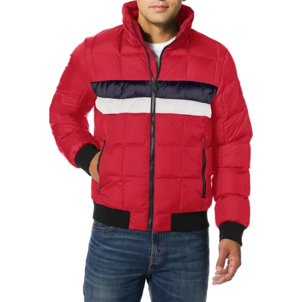Red Colorblock Quilted Puffer Bomber Jacket
