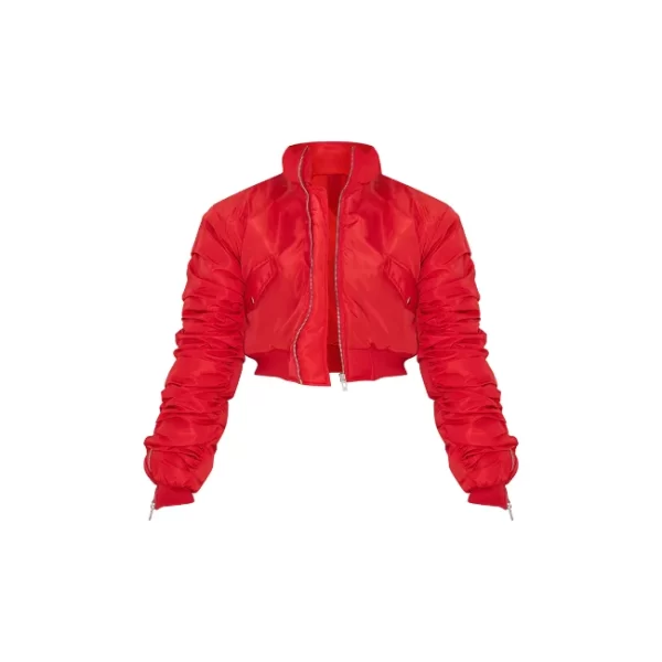 Red Satin Puffer Cropped Bomber Jacket