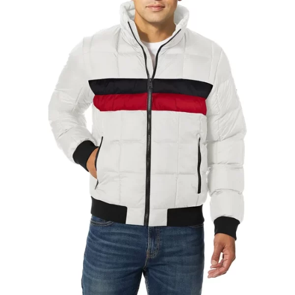 White Colorblock Quilted Puffer Bomber Jacket