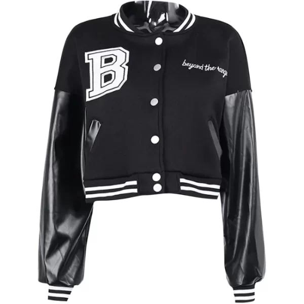 Womens Black B Letter Cropped Letterman Varsity Jacket