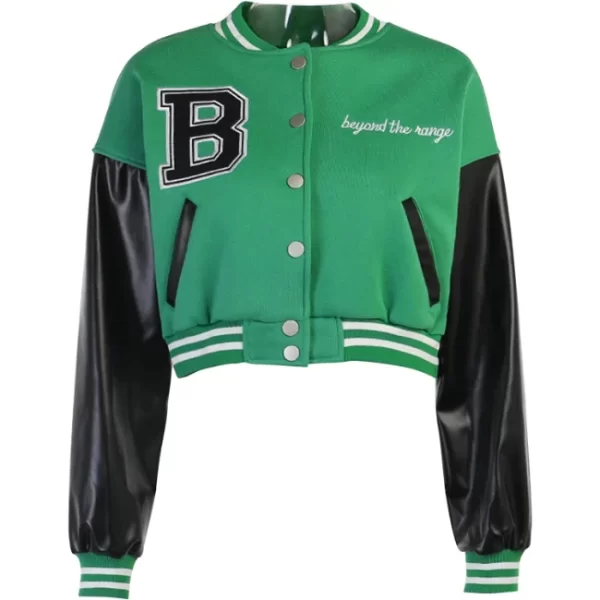 Womens Green Black B Letter Cropped Varsity Jacket