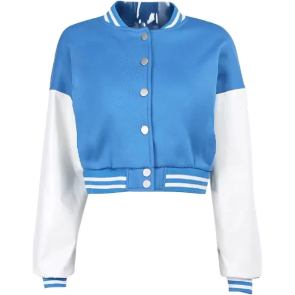 Womens Plain Blue White Leather Sleeves Wool Cropped Letterman Varsity Jacket