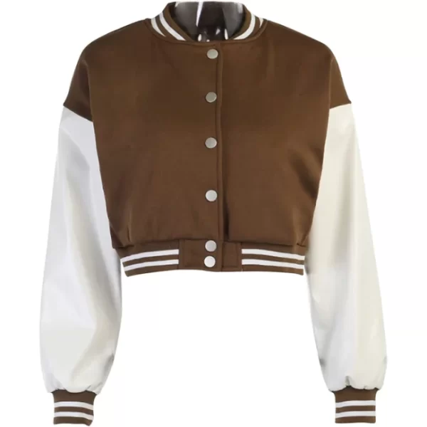 Womens Plain Brown Cropped Letterman Varsity Jacket