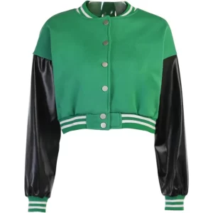 Womens Plain Green Black Cropped Varsity Jacket